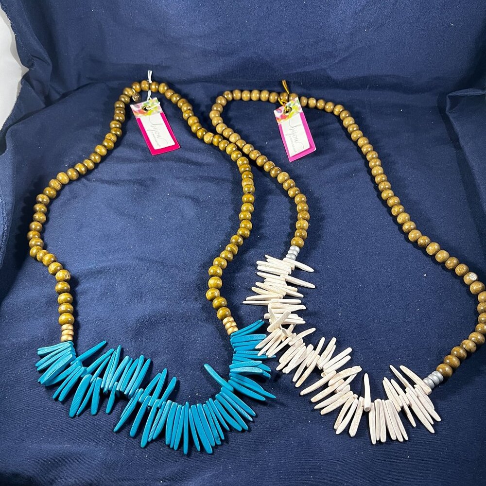 Bijou By Mary Square Wooden Beaded Necklaces With White & Blue Accents